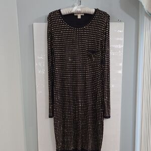 MICHAEL Michael Kors Navy Blue and Silver Sheath Dress Long Sleeve Crew Neck